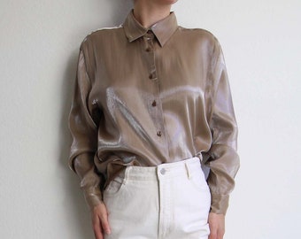 Vintage Blouse Metallic Shirt Womens Top Medium 1990s Top Longsleeve