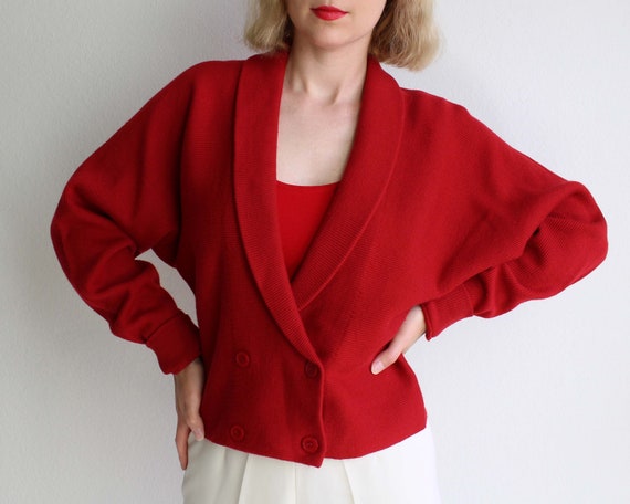 Vintage Red Cardigan 1990s Cropped Sweater Womens
