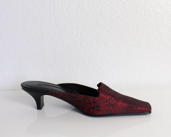 Vintage 1990s Mules Red Brocade Kitten Heels Women