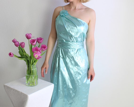 Vintage 1980s Dress Green Metallic Asymmetrical W… - image 1