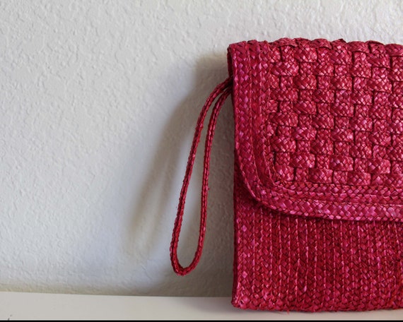 Vintage Straw Bag Wristlet Clutch Pink - image 5