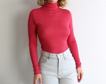 Vintage Turttleneck Tshirt Womens Top Longsleeve Tee 1990s Michael Stars Shirt Pink Small
