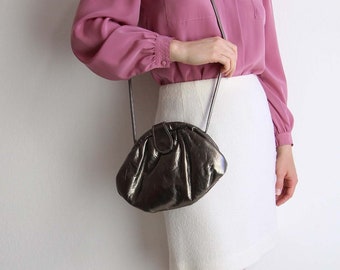 Vintage Purse Metallic Pewter 1980s Soft Leather Round Shoulder Bag