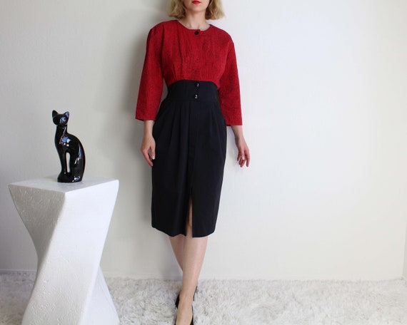Vintage 1980s Womens Dress Small Black Red Denim