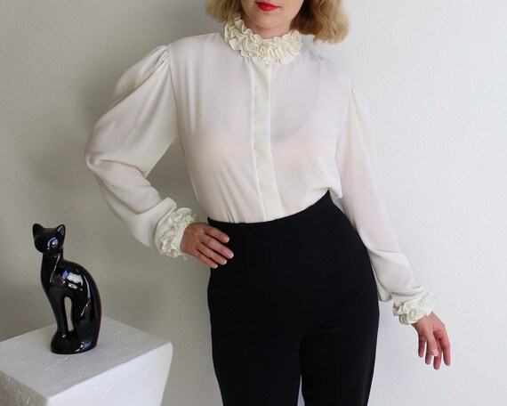 Vintage 1970s Blouse White Ruffle Womens Top Mediu