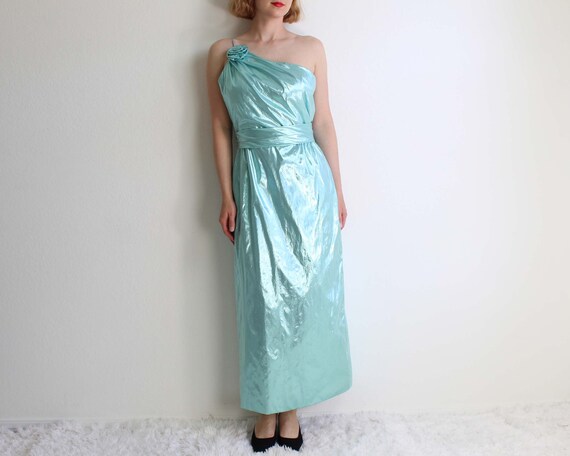 Vintage 1980s Dress Green Metallic Asymmetrical W… - image 2