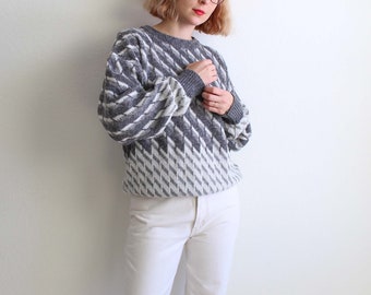 Vintage 1980s Sweater Womens Large Gray White Print