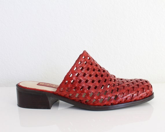 Vintage 1990s Mules Red Leather Womens Shoes Size