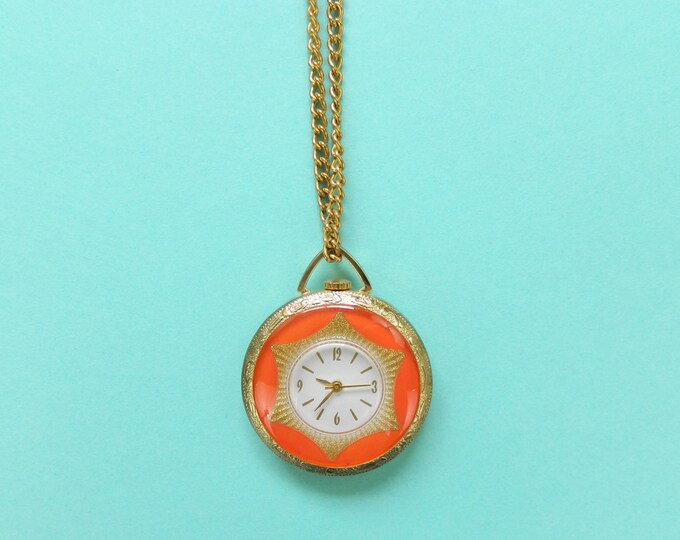 Vintage Clock Necklace Gold Orange Etsy