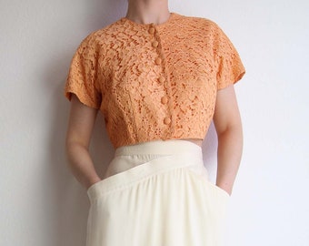 VINTAGE Crop Top 1950s Cropped Jacket Orange Lace Shortsleeve Small