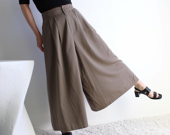 Vintage Womens Pants Wide Leg High Waist Cropped Trouser Brown Medium 28
