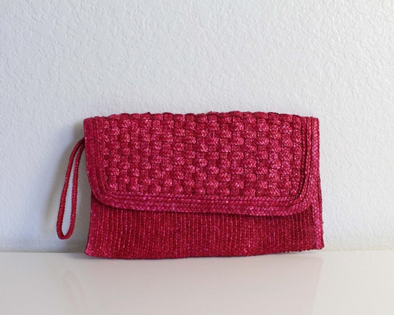 Vintage Straw Bag Wristlet Clutch Pink - image 3