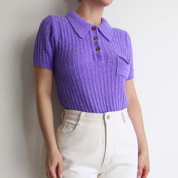 Vintage Knit Top Sweater 1970s Pointed Collar Purple Womens Top Small