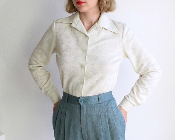 Vintage 1970s Womens Shirt White Blouse Womens Sma