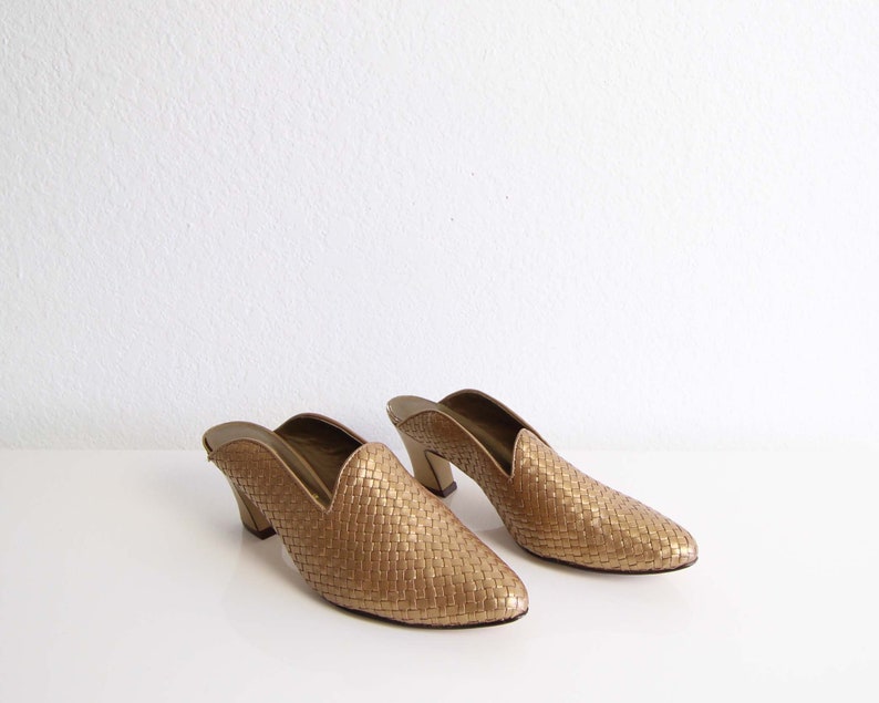 Vintage Womens Shoes Size 7 Bronze 1990s Mules Leather Woven Heels