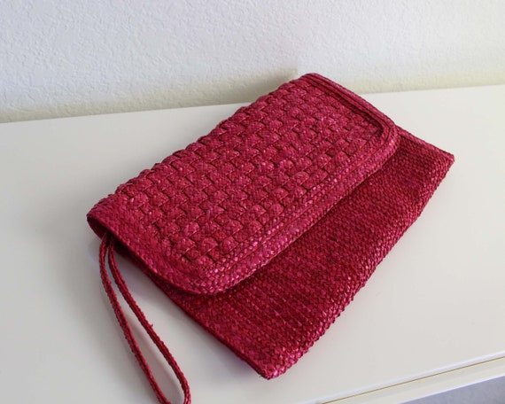 Vintage Straw Bag Wristlet Clutch Pink - image 7