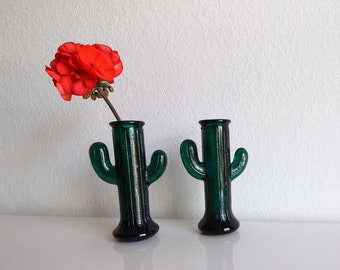 Vintage Cactus Cacti Candleholder Candlestick Green Glass Set