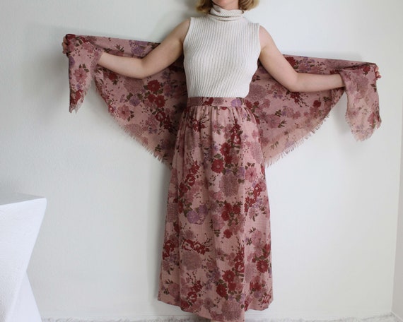 Vintage 1970s Floral Skirt Scarf Set Pink Small