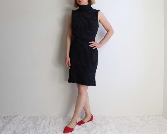 Vintage 1990s Dress Ribbed Knit Gray Sleeveless Tu