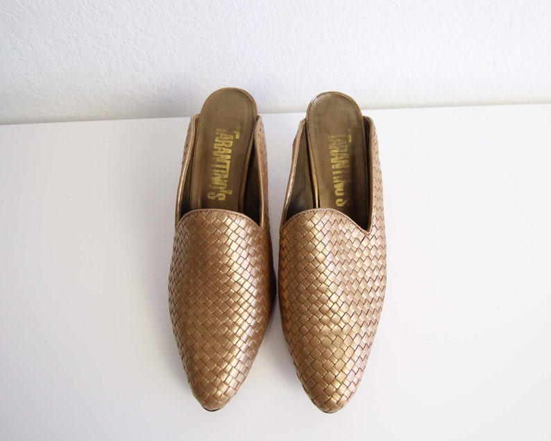 Vintage Womens Shoes Size 7 Bronze 1990s Mules Leather Woven Heels