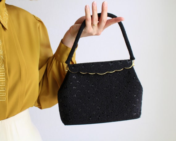 Vintage 1980s Evening Bag Black Beaded Purse