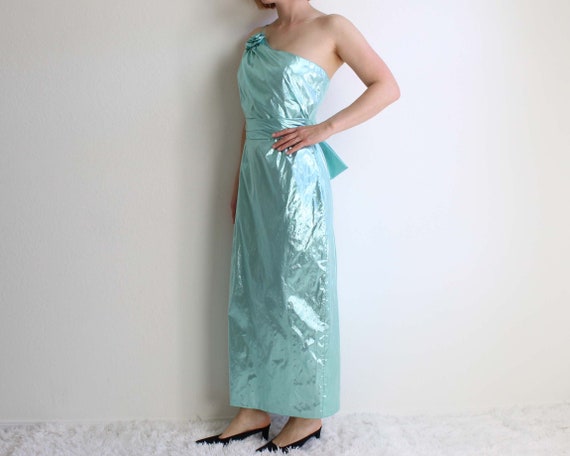 Vintage 1980s Dress Green Metallic Asymmetrical W… - image 6