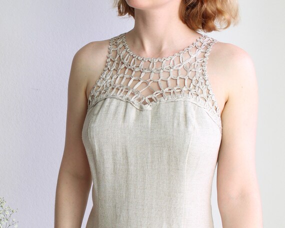 Vintage Linen Dress 1990s Crochet Gown Womens Lar… - image 1