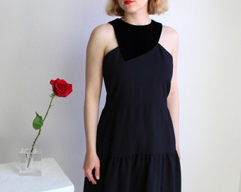 Vintage Carolina Herrera Black Dress 1990s Asymmetrical Velvet Womens Medium