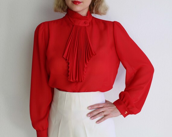 Vintage Red Blouse 1970s Womens Top Small Pleated