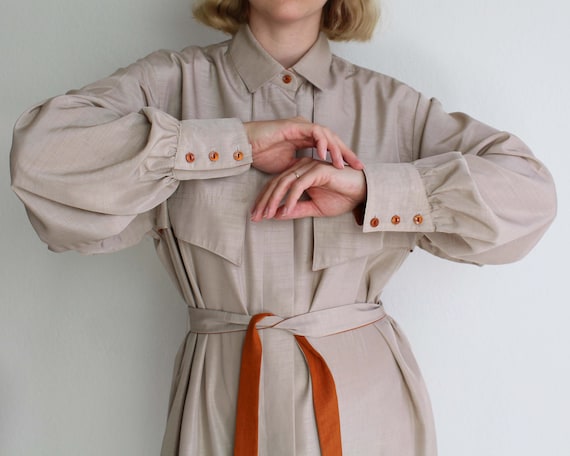 Vintage 1970s Shirtdress Beige Belted Womens Dress