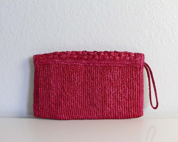 Vintage Straw Bag Wristlet Clutch Pink - image 4