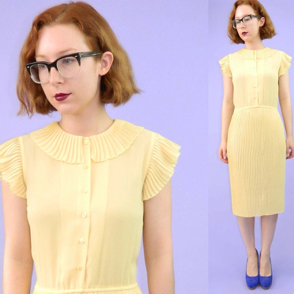 Yellow Dress Sheer Pleated Collar Vintage 1980s Medium