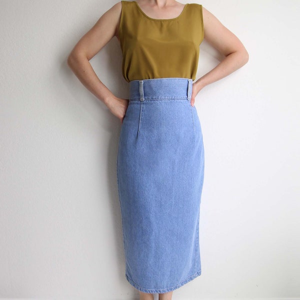 Vintage Denim Skirt High Waist Slim Pencil Womens Small Long Blue