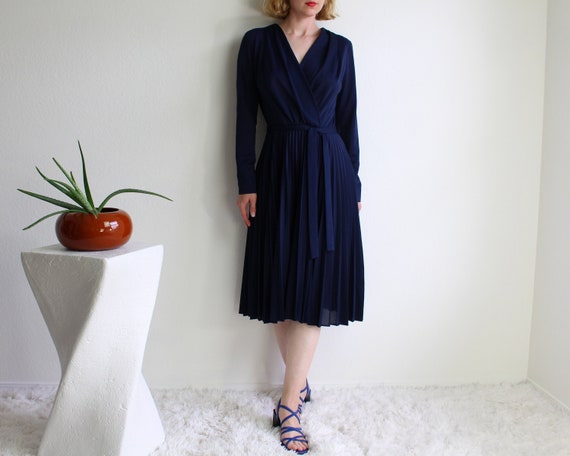 Vintage 1970s Dress Navy Pleat Womens Small