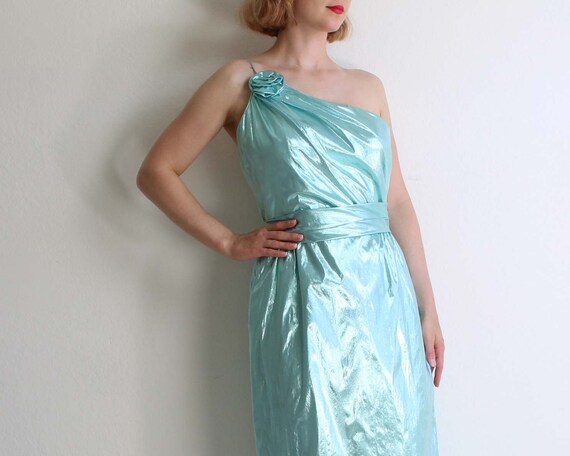 Vintage 1980s Dress Green Metallic Asymmetrical W… - image 3