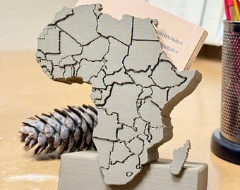 Business Card Holder – African Map with Country Engravings | Personalized Desk Organizer, Afrocentric Gift, 3D Printed Wood-Like PLA