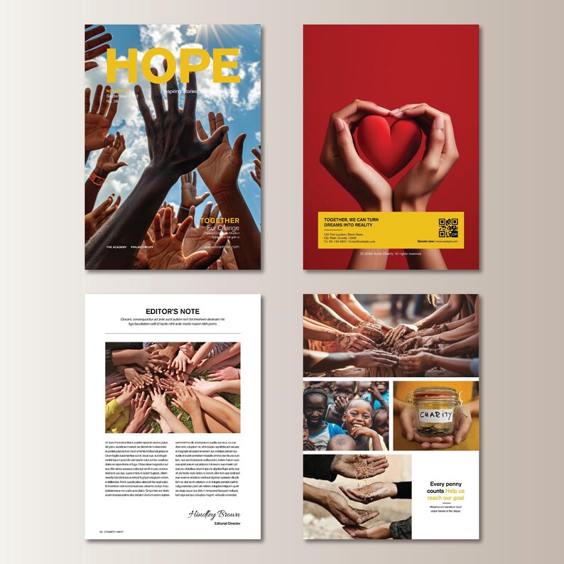 May include: A magazine cover with the word "HOPE" in yellow letters against a blue sky background. Other pages show hands reaching up, a red heart held by hands, and images of people and a jar labeled "CHARITY". The theme is about community and change.