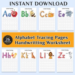 May include: Alphabet tracing pages and handwriting worksheet. The image shows eight colorful pages with letters A through Z, each with a corresponding illustration. The pages are designed for instant download and feature tracing lines.