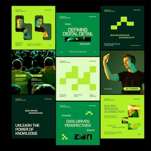 May include: A collection of nine square posters with a green and black color scheme. The posters feature text such as "Defining Digital Detail," "Data-Driven Perspectives," and "Building Resilience in Connectivity." Some posters include images of people and pixelated graphics.