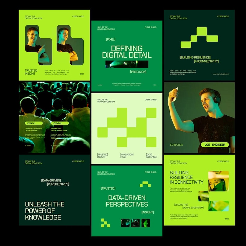 May include: A collection of nine square posters with a green and black color scheme. The posters feature text such as "Defining Digital Detail," "Data-Driven Perspectives," and "Building Resilience in Connectivity." Some posters include images of people and pixelated graphics.