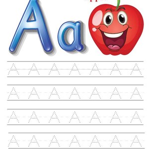 May include: A letter tracing worksheet featuring the uppercase and lowercase letter "A" in blue, with a smiling red apple illustration. The word "Apple" is in red. Dotted lines provide guidance for tracing the letter "A". The title "Letter Tracing" is at the top.
