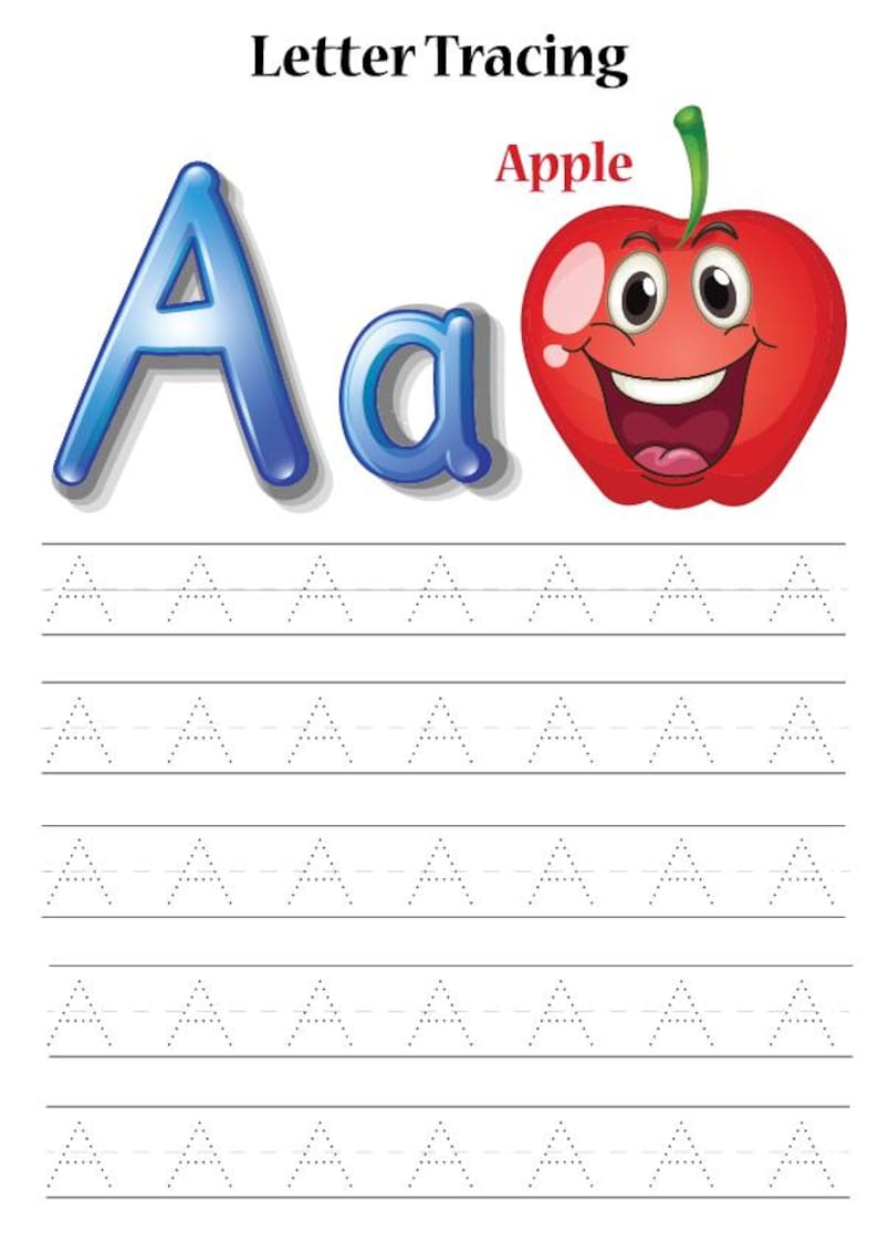 May include: A letter tracing worksheet featuring the uppercase and lowercase letter "A" in blue, with a smiling red apple illustration. The word "Apple" is in red. Dotted lines provide guidance for tracing the letter "A". The title "Letter Tracing" is at the top.