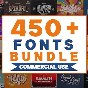 May include: A collection of various font styles is displayed, with a central graphic that reads "450+ FONTS BUNDLE" in orange and blue. The text "COMMERCIAL USE" is also present. The image showcases a variety of font designs.