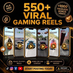 Puede incluir: Anuncio de reels de juegos, con seis smartphones que muestran vídeos de carreras de coches. El texto dice "550+ Viral Gaming Reels" y "+1000 Faceless Bonus Videos." El texto adicional incluye "Ready to Post Reels" y "Start Posting Today."