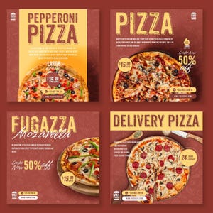May include: Four square advertisements for pizza. The ads feature images of pizza with various toppings, including pepperoni, mozzarella, and other ingredients. Text includes "Pepperoni Pizza," "Pizza," "Fugazza Mozzarella," and "Delivery Pizza."