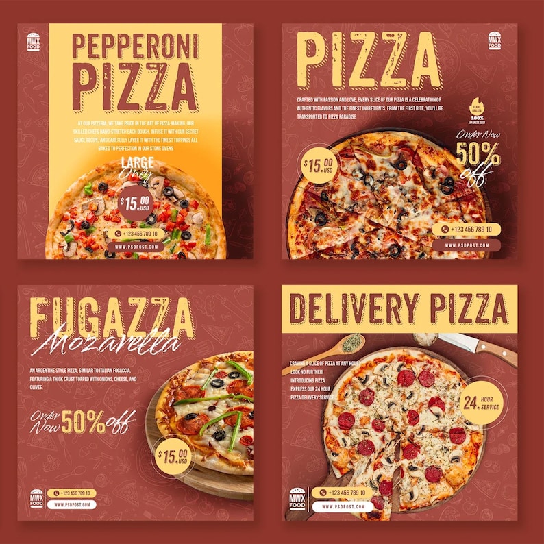May include: Four square advertisements for pizza. The ads feature images of pizza with various toppings, including pepperoni, mozzarella, and other ingredients. Text includes "Pepperoni Pizza," "Pizza," "Fugazza Mozzarella," and "Delivery Pizza."