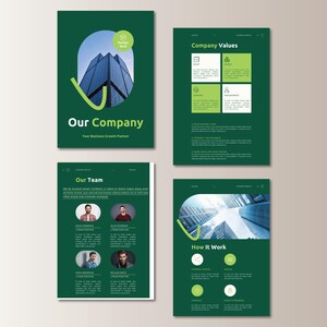 May include: A set of four green and white business presentation templates. The top left template reads "Our Company" with a skyscraper image. Other templates include "Company Values", "Our Team", and "How It Work".