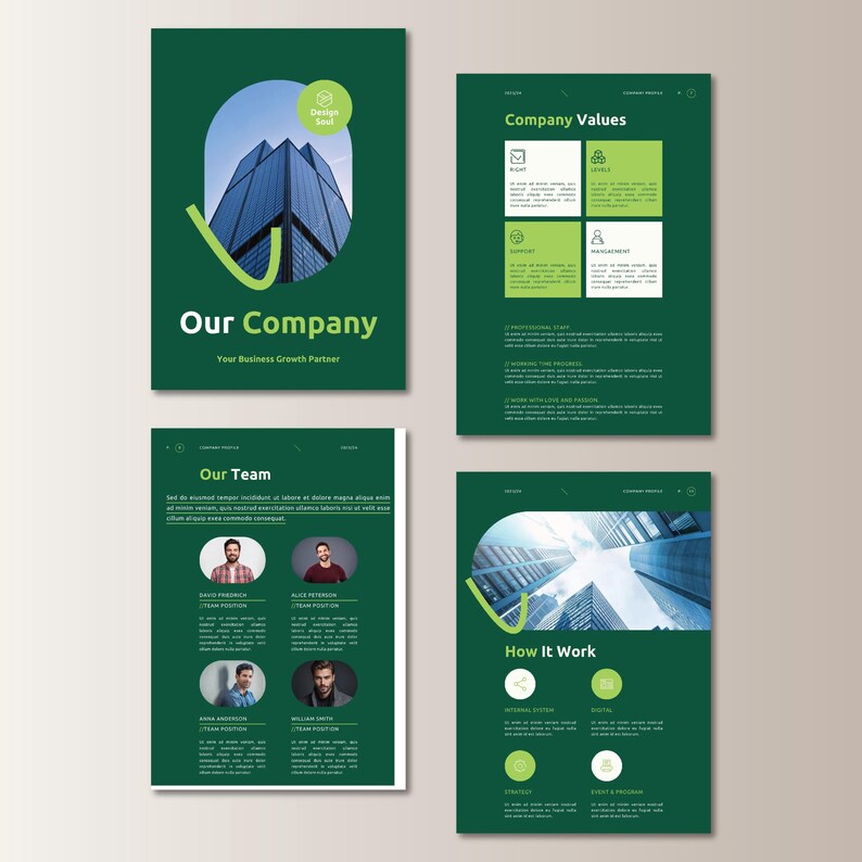 May include: A set of four green and white business presentation templates. The top left template reads "Our Company" with a skyscraper image. Other templates include "Company Values", "Our Team", and "How It Work".