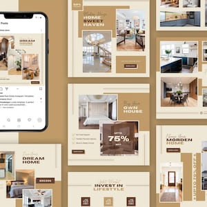 May include: A collection of real estate Instagram templates in a warm color palette. The designs feature interior home images, text like "Dream Home," and promotional offers. The templates are designed for marketing real estate.