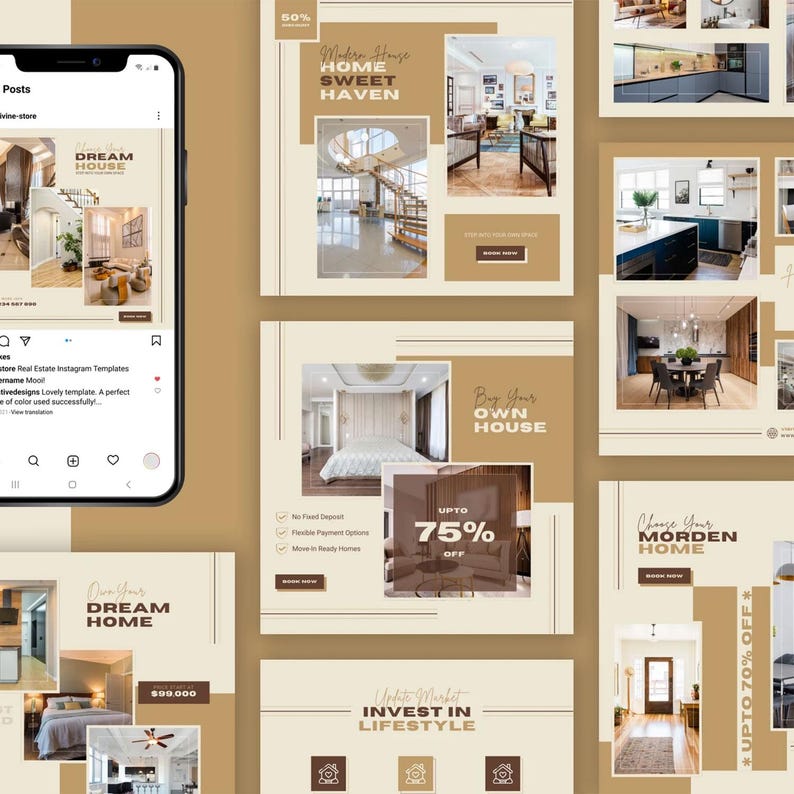 May include: A collection of real estate Instagram templates in a warm color palette. The designs feature interior home images, text like "Dream Home," and promotional offers. The templates are designed for marketing real estate.
